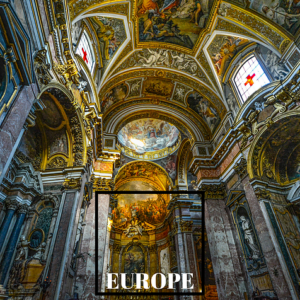 Destinations - Travel Europe - Intricate detailing of church ceiling with text overlay "Europe"