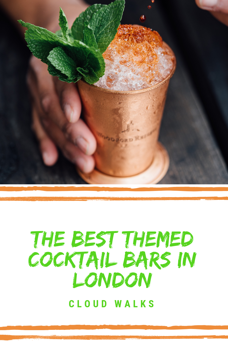 Themed Cocktails Bars London - Hand holding a copper cup filled with ice and foamy cocktail top. Text Overlay: 'Best Themed Cocktail Bars in London'