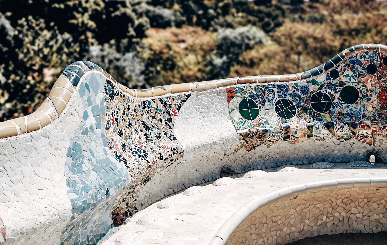 A Day in Barcelona - Tiled balcony bench overlooking Park Guell, Barcelona