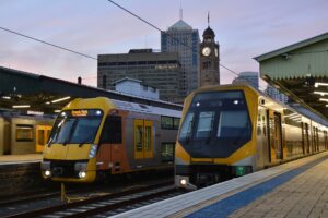 Image of two Sydney trains on the platform