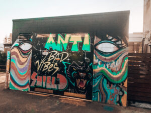 Geraldton Street art stating "Anti-bad vibes shield"