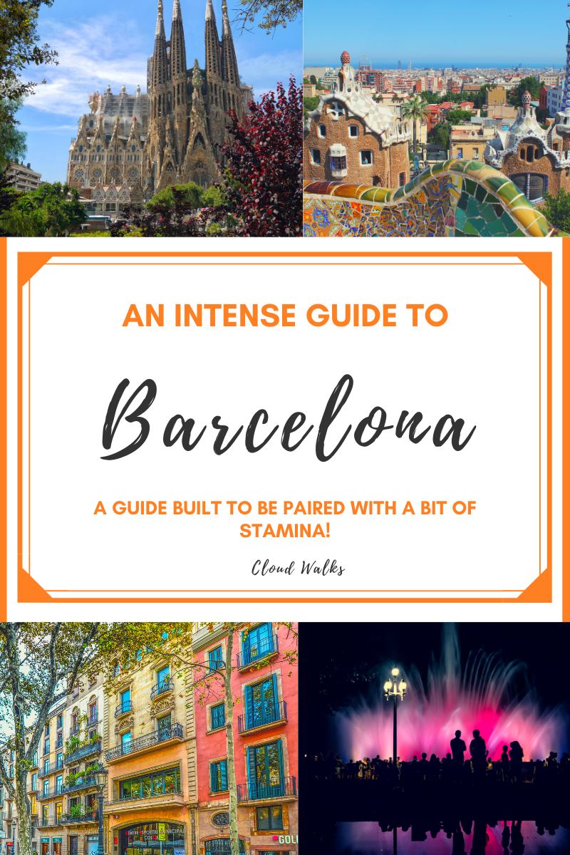 An intense day in Barcelona - Text overlay - An intense Day Trip to Barcelona. Image: Four images in each corner including large cathedral, water fountain with bright pink lights, colourful historic buildings and a mosaic wall.