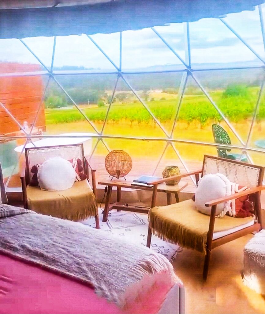 Domescapes Tasmania - Image of two chairs facing inwards with a dome window overlooking a vineyard - Tasmania Itinerary