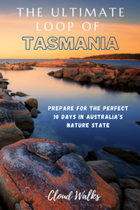 Tasmania Travel Guide Pin with image of sunsetting over the sea with bay of fire orange stones surrounding the bay - Lap of Tasmania