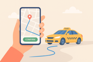 Best travel apps for planning, booking & getting around What keywords- illustration off a mobile phone using a ride-hailing app and a taxi arrive in the background.